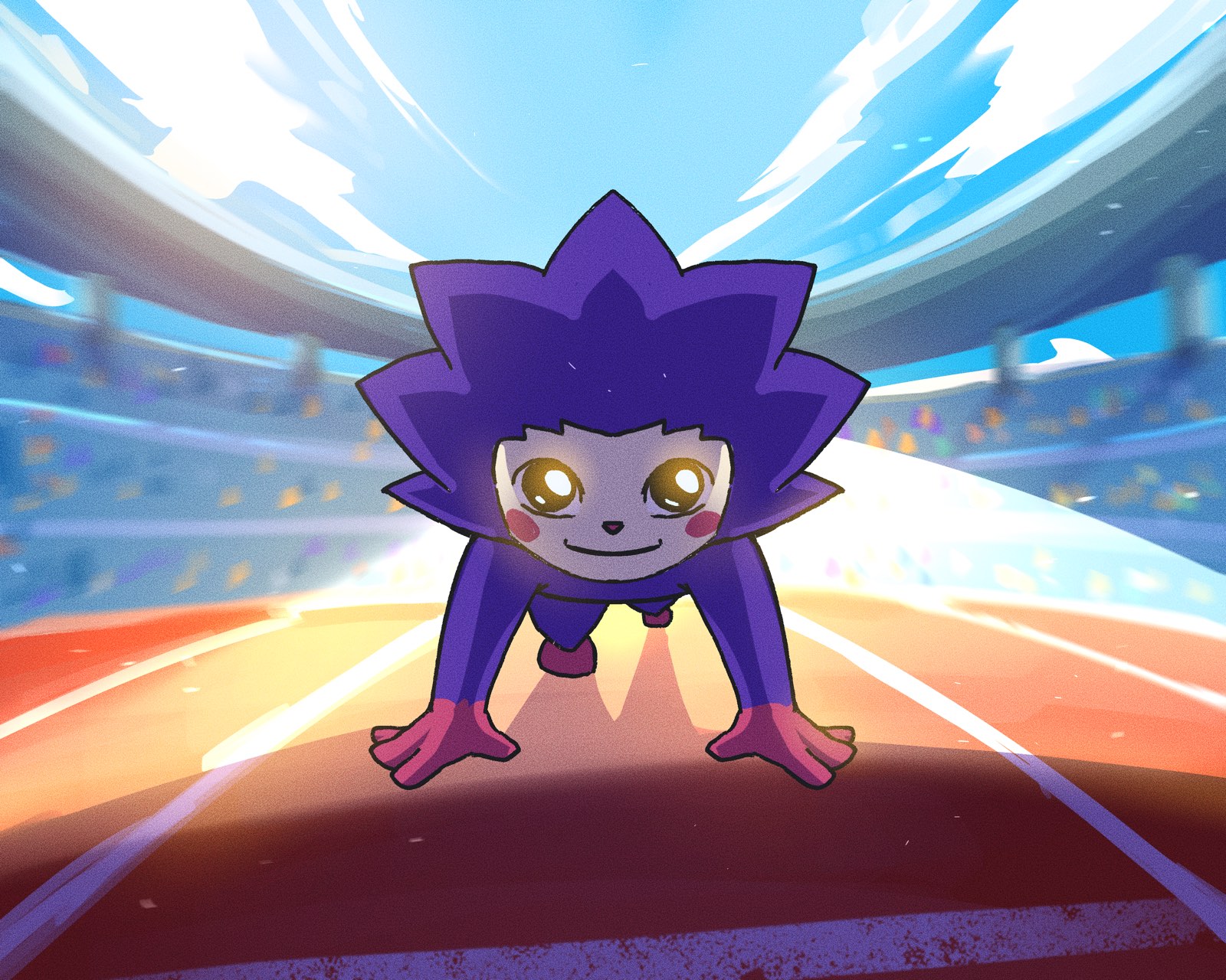 Chog sprinting down a running track